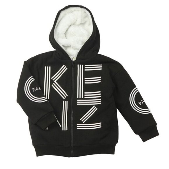 Kenzo Other - KENZO Kids Black Sherpa Fleece Hoodie Jacket with White Logo Print